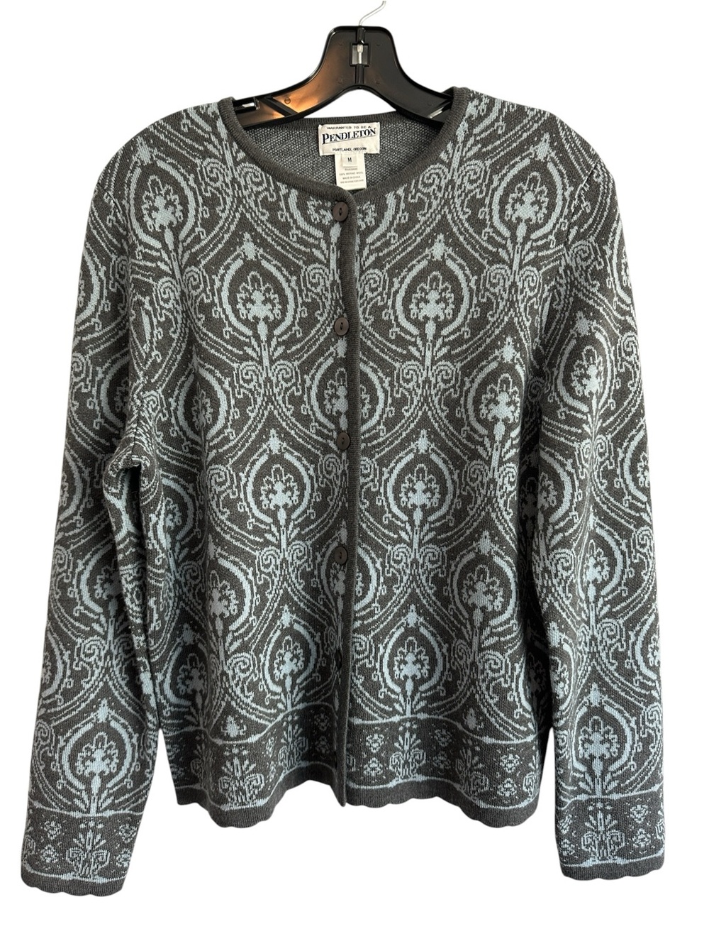 Pendleton Women Sweater Med Gray Light Blue 100% Merino Wool Cottagecore Cabin
